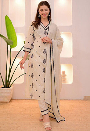 Embroidered Rayon Pakistani Suit in Light Beige