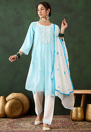 Embroidered Rayon Pakistani Suit in Light Blue