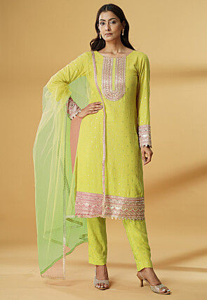 Embroidered Rayon Pakistani Suit in Light Green