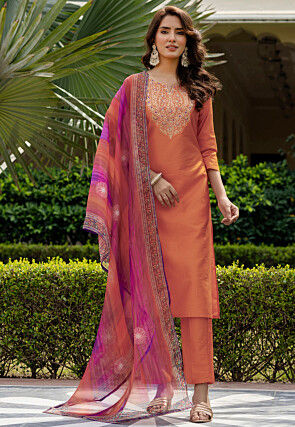 Embroidered Rayon Pakistani Suit in Light Orange