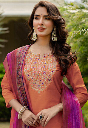 Embroidered Rayon Pakistani Suit in Light Orange