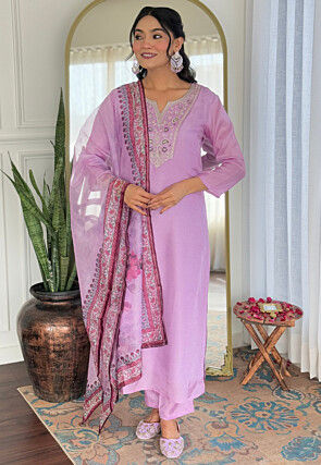 Embroidered Rayon Pakistani Suit in Light Purple
