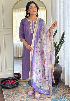 Embroidered Rayon Pakistani Suit in Light Purple