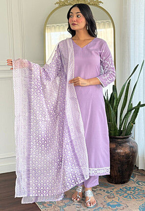 Embroidered Rayon Pakistani Suit in Light Purple