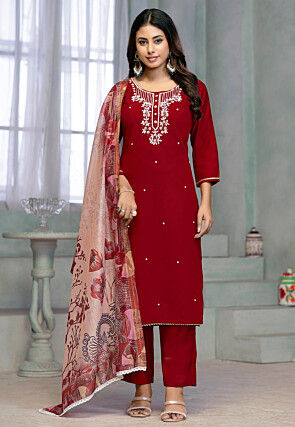 Embroidered Rayon Pakistani Suit in Maroon