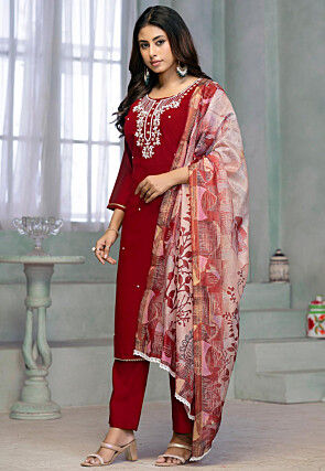 Embroidered Rayon Pakistani Suit in Maroon