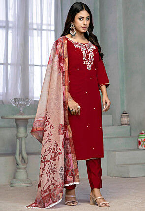 Embroidered Rayon Pakistani Suit in Maroon