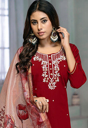 Embroidered Rayon Pakistani Suit in Maroon