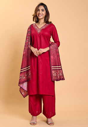 Embroidered Rayon Pakistani Suit in Maroon