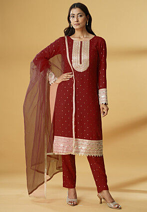 Embroidered Rayon Pakistani Suit in Maroon