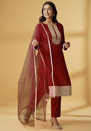 Embroidered Rayon Pakistani Suit in Maroon