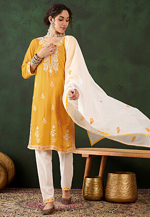 Embroidered Rayon Pakistani Suit in Mustard