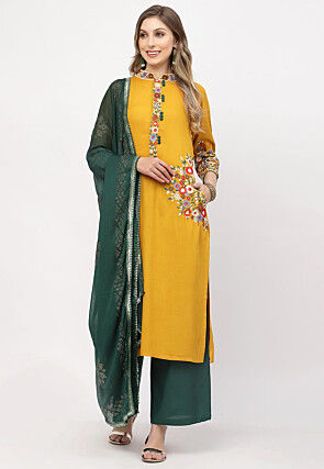 Embroidered Rayon Pakistani Suit in Mustard