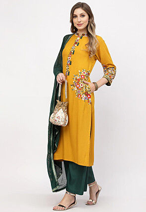 Embroidered Rayon Pakistani Suit in Mustard