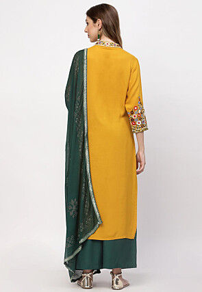 Embroidered Rayon Pakistani Suit in Mustard