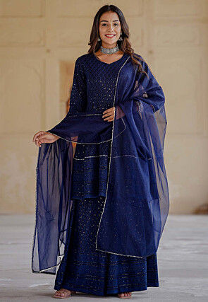 Embroidered Rayon Pakistani Suit in Navy Blue