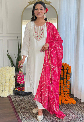 Embroidered Rayon Pakistani Suit in Off White