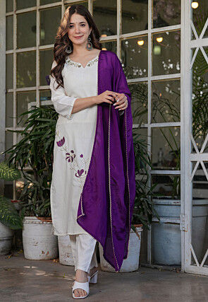 Embroidered Rayon Pakistani Suit in Off White