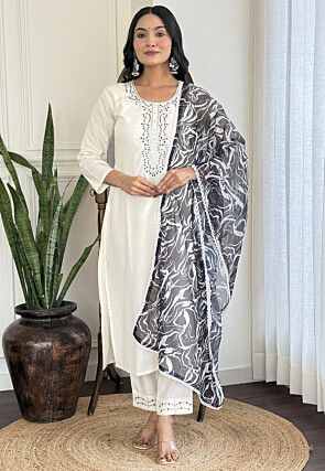 Embroidered Rayon Pakistani Suit in Off White