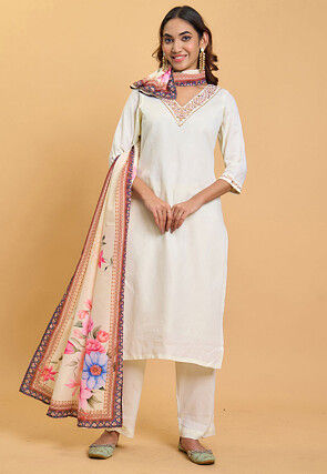 Embroidered Rayon Pakistani Suit in Off White