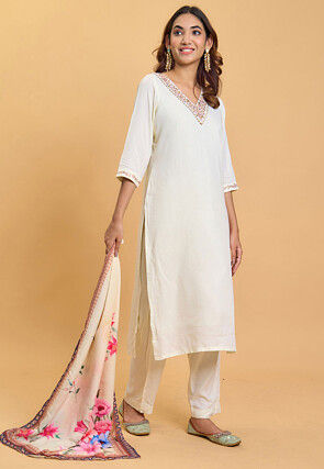 Embroidered Rayon Pakistani Suit in Off White