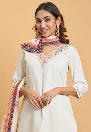 Embroidered Rayon Pakistani Suit in Off White