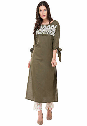 Embroidered Rayon Pakistani Suit in Olive Green