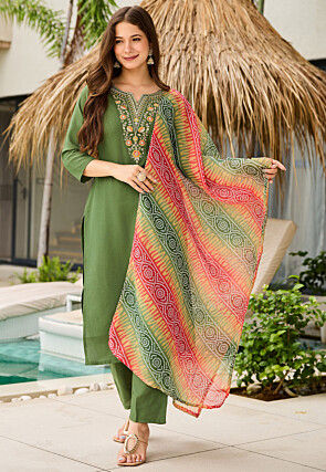 Embroidered Rayon Pakistani Suit in Olive Green