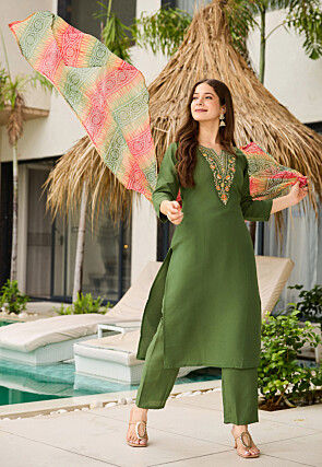 Embroidered Rayon Pakistani Suit in Olive Green