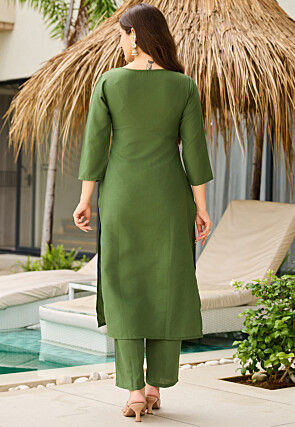 Embroidered Rayon Pakistani Suit in Olive Green