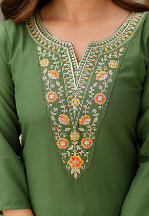 Embroidered Rayon Pakistani Suit in Olive Green