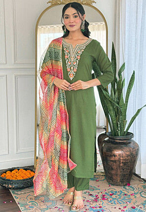 Embroidered Rayon Pakistani Suit in Olive Green