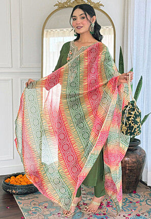 Embroidered Rayon Pakistani Suit in Olive Green