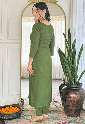 Embroidered Rayon Pakistani Suit in Olive Green