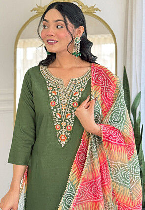 Embroidered Rayon Pakistani Suit in Olive Green