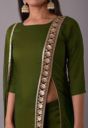 Embroidered Rayon Pakistani Suit in Olive Green