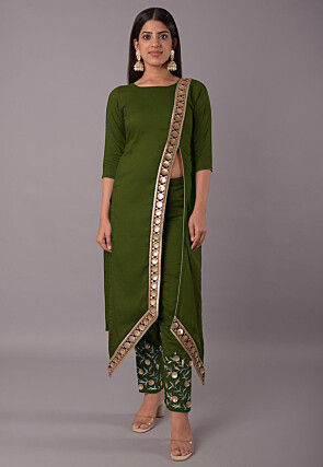 Embroidered Rayon Pakistani Suit in Olive Green