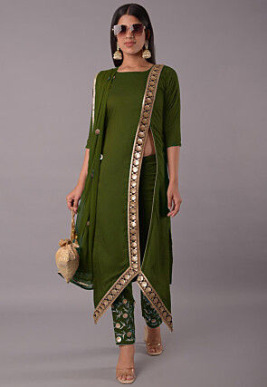 Embroidered Rayon Pakistani Suit in Olive Green