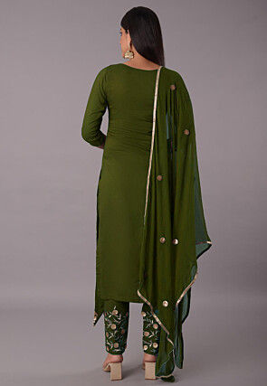 Embroidered Rayon Pakistani Suit in Olive Green