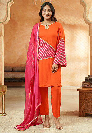 Embroidered Rayon Pakistani Suit in Orange and Pink