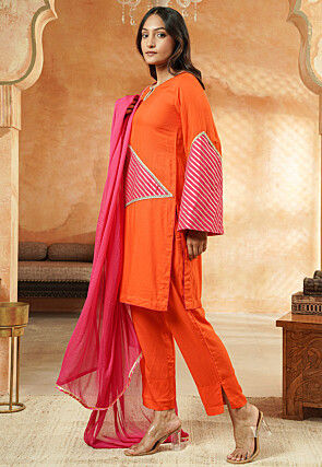 Embroidered Rayon Pakistani Suit in Orange and Pink