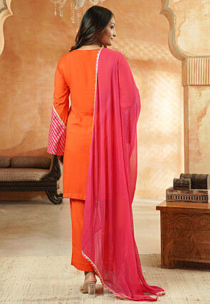 Embroidered Rayon Pakistani Suit in Orange and Pink