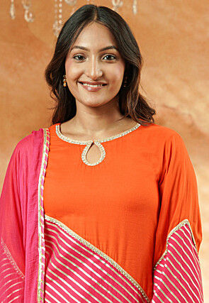 Embroidered Rayon Pakistani Suit in Orange and Pink