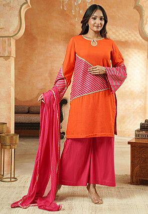 Embroidered Rayon Pakistani Suit in Orange and Pink