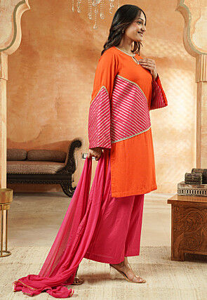 Embroidered Rayon Pakistani Suit in Orange and Pink