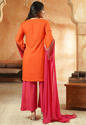Embroidered Rayon Pakistani Suit in Orange and Pink