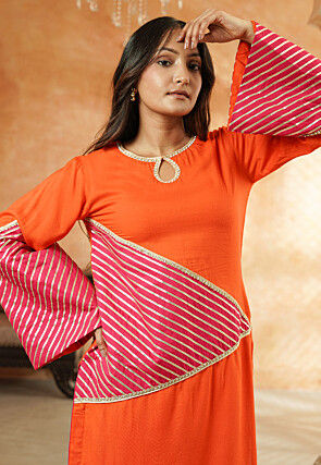 Embroidered Rayon Pakistani Suit in Orange and Pink
