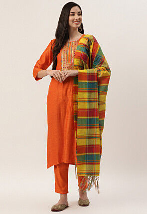 Embroidered Rayon Pakistani Suit in Orange