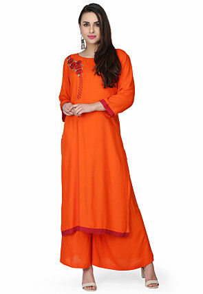 Embroidered Rayon Pakistani Suit in Orange