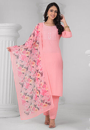 Embroidered Rayon Pakistani Suit in Peach